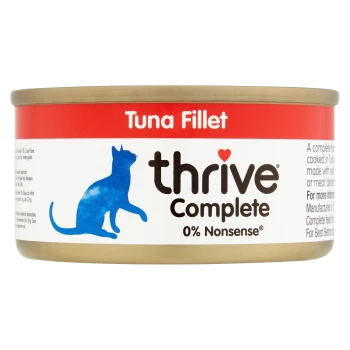 Dose mit Thunfischfilet-Hundefutter von Thrive Complete, mit einer blauen Katzensilhouette und dem Text "0% Nonsense."