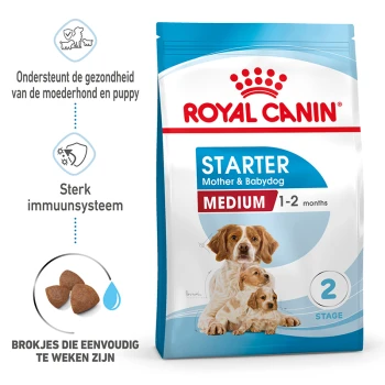 Royal Canin Starter voerzak voor middelgrote puppy's (1-2 maanden), met een moederhond en haar puppy's en benadrukt gezondheidssteun.
