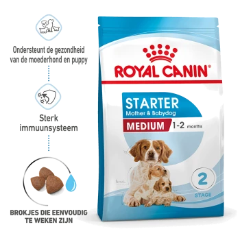 Royal Canin Starter voerzak voor middelgrote puppy's (1-2 maanden), met een moederhond en haar puppy's en benadrukt gezondheidssteun.