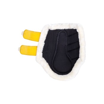 Schwarze Haustierpflegehandschuh mit gelben Riemen und einer weichen weißen Fütterung, entworfen zum Entfernen von losem Fell und Schmutz.