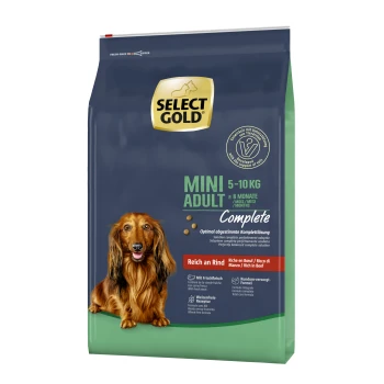 Select Gold Mini Adult dog food bag, suitable for dogs 5-10 kg, with a focus on beef as the main ingredient.