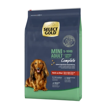 Select Gold Mini Adult dog food bag, suitable for dogs 5-10 kg, with a focus on beef as the main ingredient.