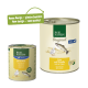 Two Real Nature pet food cans: larger "Original" with duck and trout, smaller "Adult" with chicken, with a green speech bubble.