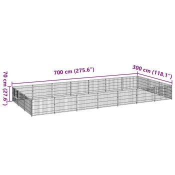 Ein großes, rechteckiges Haustiergehege aus Metallzaun, das 700 cm mal 300 cm misst und 70 cm hoch ist, ideal für den Außenbereich.