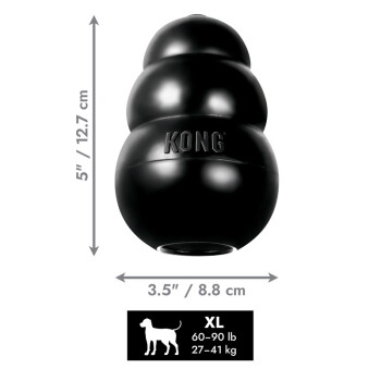 Zwart KONG-rubberen hondenspeelgoed met in reliëf 'KONG', afmetingen 5" / 12,7 cm bij 3,5" / 8,8 cm, label XL 60–90 lb 27–41 kg