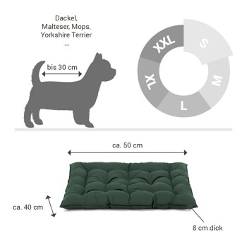 Hundebett für kleine Rassen bis 30 cm, ca. 50x40 cm, 8 cm dick, Größen S bis XXL in einer Größentabelle dargestellt.
