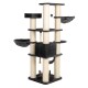 Katzenbaum mit mehreren Ebenen, Kratzpfosten und hängenden Spielzeugen, in Schwarz und Cremefarben.