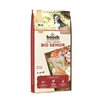 BIO Senior Hühnchen + Preiselbeere 11.5 kg Bosch Bio Senior Hundefutterbeutel, mit einem schwarzen Hund auf der Vorderseite, mit Zutaten wie Gemüse und Fleisch.