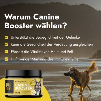 Petstile Canine Booster 150g Glas, das Vorteile für Gelenke, Verdauung, Haut, Fell und Immungesundheit hervorhebt.