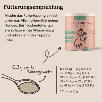 Verpackung für Futtertopping für Hunde, mit Fütterungsempfehlungen, Portionsgrößen basierend auf dem Gewicht und einem veganen Etikett.