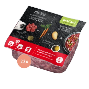 Verpackung des proCani Rindermenüs für Hunde, mit frischem Fleisch, Karotten und Kartoffeln. Der Text hebt die einfache Zubereitung und die ernährungsphysiologischen Vorteile hervor.