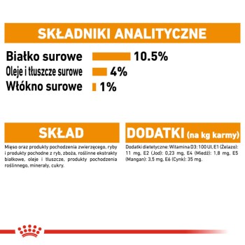 Informacje żywieniowe karmy dla zwierząt: białko surowe 10,5%, tłuszcze 4%, błonnik 1%, plus witaminy i minerały.