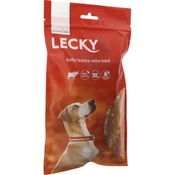 Emballage rouge pour les friandises pour chiens Lecky Buffa'Natura extra-dures avec un chien regardant vers le haut, avec des icônes indiquant des ingrédients 100 % naturels.