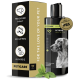 Schwarze Peticare Hundegesundheit Shampoo-Flasche mit goldenem Siegel, mit einem Golden Retriever und Informationen zu trockener Haut und Schuppen.