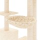 Eine gemütliche beige Katzenhängematte, die an einem Katzenbaum befestigt ist, mit weichem Stoff und stabilen Pfosten, ideal für die Entspannung von Katzen.
