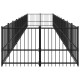 Schwarzer Metallspielplatz für Haustiere mit vertikalen Stangen, entworfen für den Innen- oder Außenbereich, mit einer offenen rechteckigen Form.