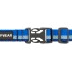 Blaues Hundehalsband mit einem schwarzen Etikett, auf dem "RUFFWEAR" steht, mit einer stabilen Schnalle und gestreiftem Design.