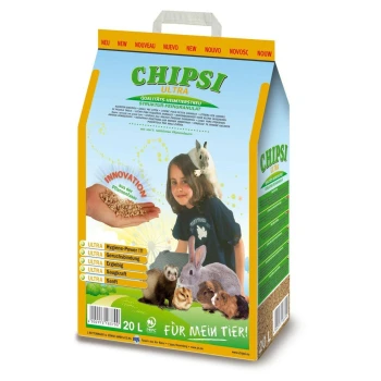 CHIPSI Ultra 20 L Einstreu-Sack mit Abbildung eines Kindes mit Kleintieren, einer Hand, die Granulat hält, und dem Text 'Für mein Tier!'