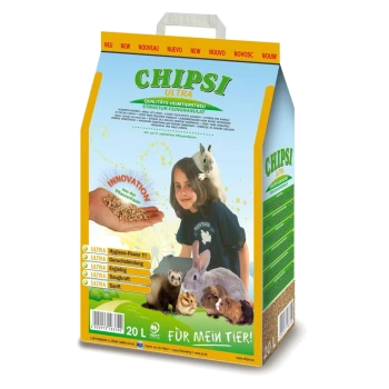 CHIPSI Ultra 20 L Einstreu-Sack mit Abbildung eines Kindes mit Kleintieren, einer Hand, die Granulat hält, und dem Text 'Für mein Tier!'