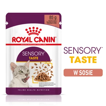 Torebka z karmą dla kotów Royal Canin Sensory Taste, z twarzą szarego kota, kawałkami w sosie, 85g, z napisami "SENSORY TASTE" i "W SOSIE."