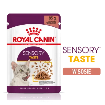 Torebka z karmą dla kotów Royal Canin Sensory Taste, z twarzą szarego kota, kawałkami w sosie, 85g, z napisami "SENSORY TASTE" i "W SOSIE."
