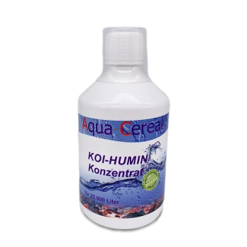 Flasche Aqua Cereal Koi-Humin-Konzentrat für Koi-Teiche, behandelt bis zu 25.000 Liter, mit einem blauen und weißen Design.
