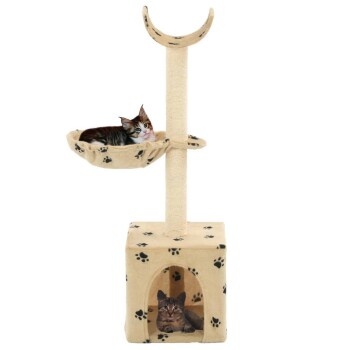 Katzenbaum mit zwei Ebenen; eine Katze, die in einer Stoffhängematte entspannt, und eine andere Katze, die in einem gemütlichen Fach darunter ruht.