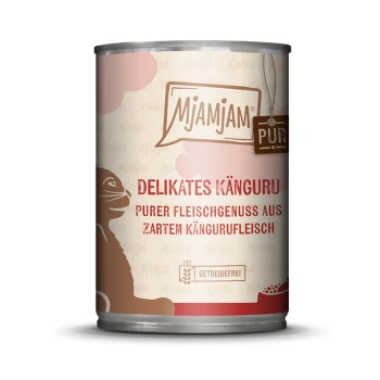 Boîte de nourriture pour animaux Mjamjam contenant de la viande de kangourou, étiquetée "Delikates Känguru" et "Getreidefrei," avec un graphique de kangourou ludique.