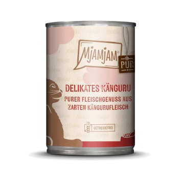 Dose Mjamjam Tierfutter mit Kängurufleisch, beschriftet mit 'Delikates Känguru' und 'Getreidefrei', mit einer verspielten Känguru-Grafik.
