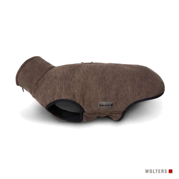 Braune Hundejacke mit Halsöffnung und seitlichen Beinöffnungen, kleinem WOLTERS-Etikett auf dem Rücken und WOLTERS-Logo in der Ecke.