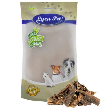 Rinderleber 1 kg Lyra Hundeleckerlipaket mit "100% natürlich" und "LYRA NATURE POWER," mit drei illustrierten Hunden und Leckerli-Stücken.