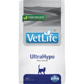 Opakowanie karmy dla kotów VetLife UltraHypo z niebieskim logo, zieloną etykietą dla specjalnych potrzeb dietetycznych i sylwetką kota.