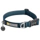 Ein blauer Hundehalsband von Ruffwear mit einem silbernen D-Ring, verstellbarem Schnallenverschluss und einem Anhänger mit dem Ruffwear-Logo.