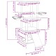 Illustration eines mehrstöckigen Katzenbaums mit in Zentimetern und Zoll beschrifteten Abmessungen, ausgestattet mit zwei Schalen und einer Rampe.