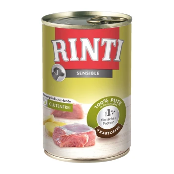 Nourriture pour chiens en conserve "RINTI SENSIBLE" avec un fond vert, étiquetée "100% PUTE," sans gluten, pour chiens sensibles.