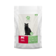 Schwarze Katze auf einem Futtersack mit der Aufschrift "Felicita" und dem Text "Adult" und "Angus-Rindfleisch & Kaninchen", mit Symbolen für ernährungsphysiologische Vorteile.
