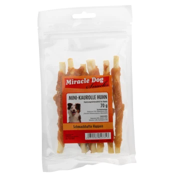 Packung Miracle Dog Snacks mit Mini-Rinderrollen für Hunde, 70g, mit einem Bild eines Hundes und Zutatenangaben auf Deutsch.