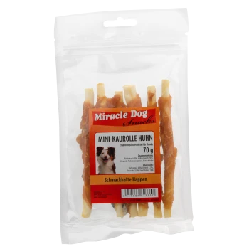 Packung Miracle Dog Snacks mit Mini-Rinderrollen für Hunde, 70g, mit einem Bild eines Hundes und Zutatenangaben auf Deutsch.