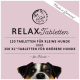 Entspannungstabletten für Hunde, mit 120 Tabletten für kleine Hunde oder 250 XL² Tabletten für größere Hunde, mit dem Gesicht eines Hundes im Vordergrund.