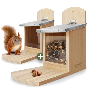 Holz-Eichhörnchen-Futterhaus mit Metalldach, gefüllt mit Nüssen und Samen, und einem roten Eichhörnchen, das auf der Plattform steht.