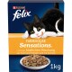 Eine 1 kg Schachtel Purina Felix Farmhouse Sensations Katzenfutter, mit einer verspielten schwarz-weißen Katze und einer Mischung aus Huhn, Truthahn und Gemüse.
