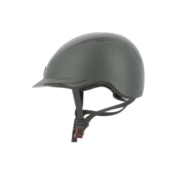 Eine Seitenansicht eines schlanken, dunkelgrauen Fahrradhelms mit Visier und verstellbarem Kinnriemen, der sein modernes Design zeigt.