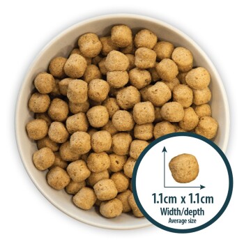 A bowl filled with small, round pet food kibbles, each measuring approximately 1.1cm in width and depth.