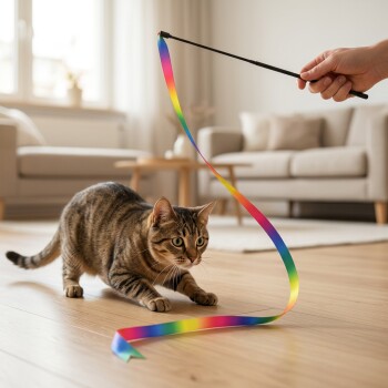 Getigerte Katze geduckt auf Parkettboden, die ein Regenbogenband-Spielzeug an einem von einer Hand gehaltenen Stab in einem Wohnzimmer anpirscht.