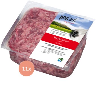 Rohe Fleischstücke, darunter Huhn und Rind, auf einem weißen Hintergrund präsentiert, geeignet für Haustierfutter.