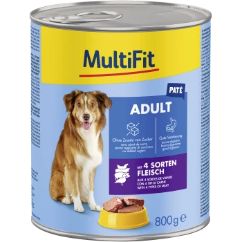 Blik hondenvoer gelabeld 'MultiFit Paté Adult' met een geel en blauw ontwerp, met een afbeelding van een hond en tekst over geen toegevoegde suikers en goede spijsvertering.