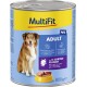 Karma w puszce dla psów oznaczona "MultiFit Paté Adult" z żółto-niebieskim wzorem, z obrazem psa i tekstem o braku dodanych cukrów i dobrej trawieniu.