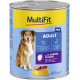 Dosen-Hundefutter mit der Aufschrift "MultiFit Paté Adult" in einem gelben und blauen Design, mit einem Hundebild und dem Text über keine zugesetzten Zucker und gute Verdauung.