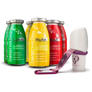 Vier bunte Smoothie-Flaschen mit den Aufschriften "Lamm", "Huhn" und "Rind", mit dem Text "Der SNACK für jeden Hund" und einem weißen Leckerli-Spender.