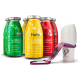 Vier bunte Smoothie-Flaschen mit den Aufschriften "Lamm", "Huhn" und "Rind", mit dem Text "Der SNACK für jeden Hund" und einem weißen Leckerli-Spender.